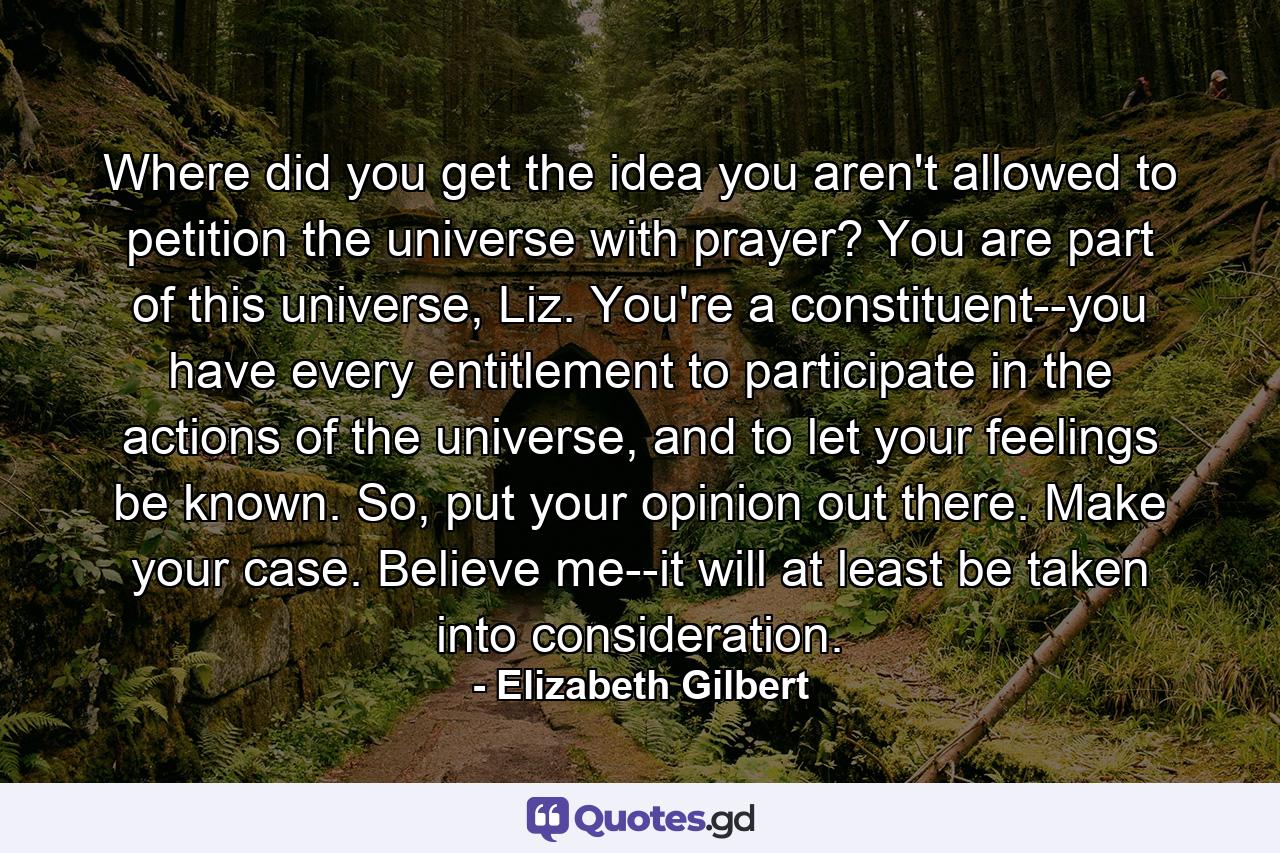 Where did you get the idea you aren't allowed to petition the universe with prayer? You are part of this universe, Liz. You're a constituent--you have every entitlement to participate in the actions of the universe, and to let your feelings be known. So, put your opinion out there. Make your case. Believe me--it will at least be taken into consideration. - Quote by Elizabeth Gilbert