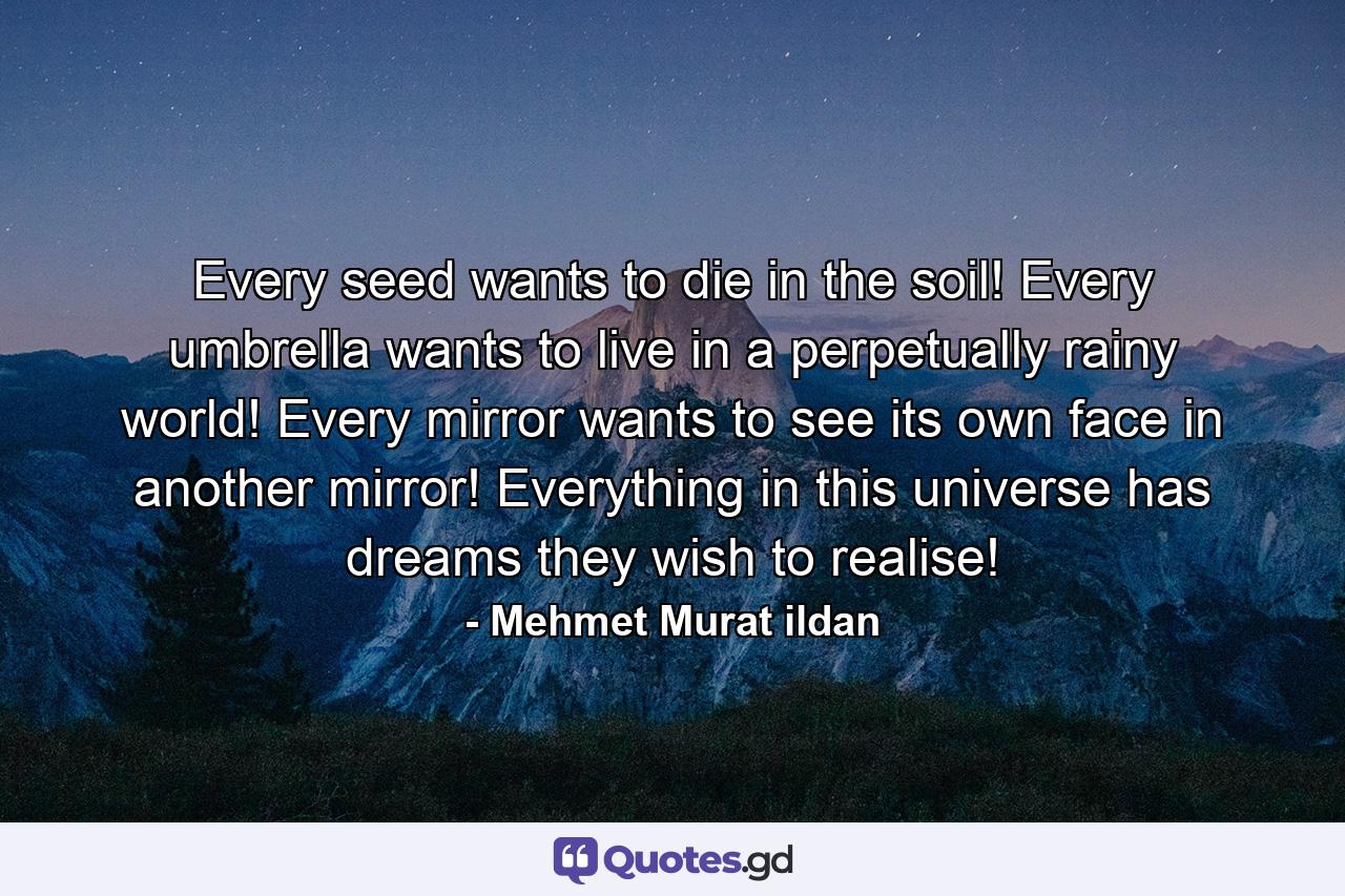 Every seed wants to die in the soil! Every umbrella wants to live in a perpetually rainy world! Every mirror wants to see its own face in another mirror! Everything in this universe has dreams they wish to realise! - Quote by Mehmet Murat ildan