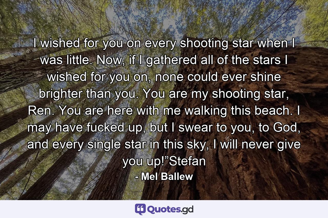 I wished for you on every shooting star when I was little. Now, if I gathered all of the stars I wished for you on, none could ever shine brighter than you. You are my shooting star, Ren. You are here with me walking this beach. I may have fucked up, but I swear to you, to God, and every single star in this sky, I will never give you up!”Stefan - Quote by Mel Ballew