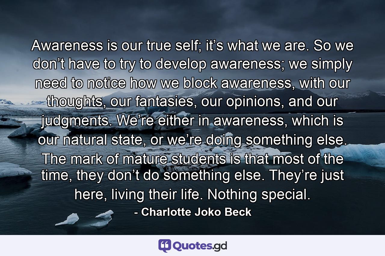 Awareness is our true self; it’s what we are. So we don’t have to try to develop awareness; we simply need to notice how we block awareness, with our thoughts, our fantasies, our opinions, and our judgments. We’re either in awareness, which is our natural state, or we’re doing something else. The mark of mature students is that most of the time, they don’t do something else. They’re just here, living their life. Nothing special. - Quote by Charlotte Joko Beck