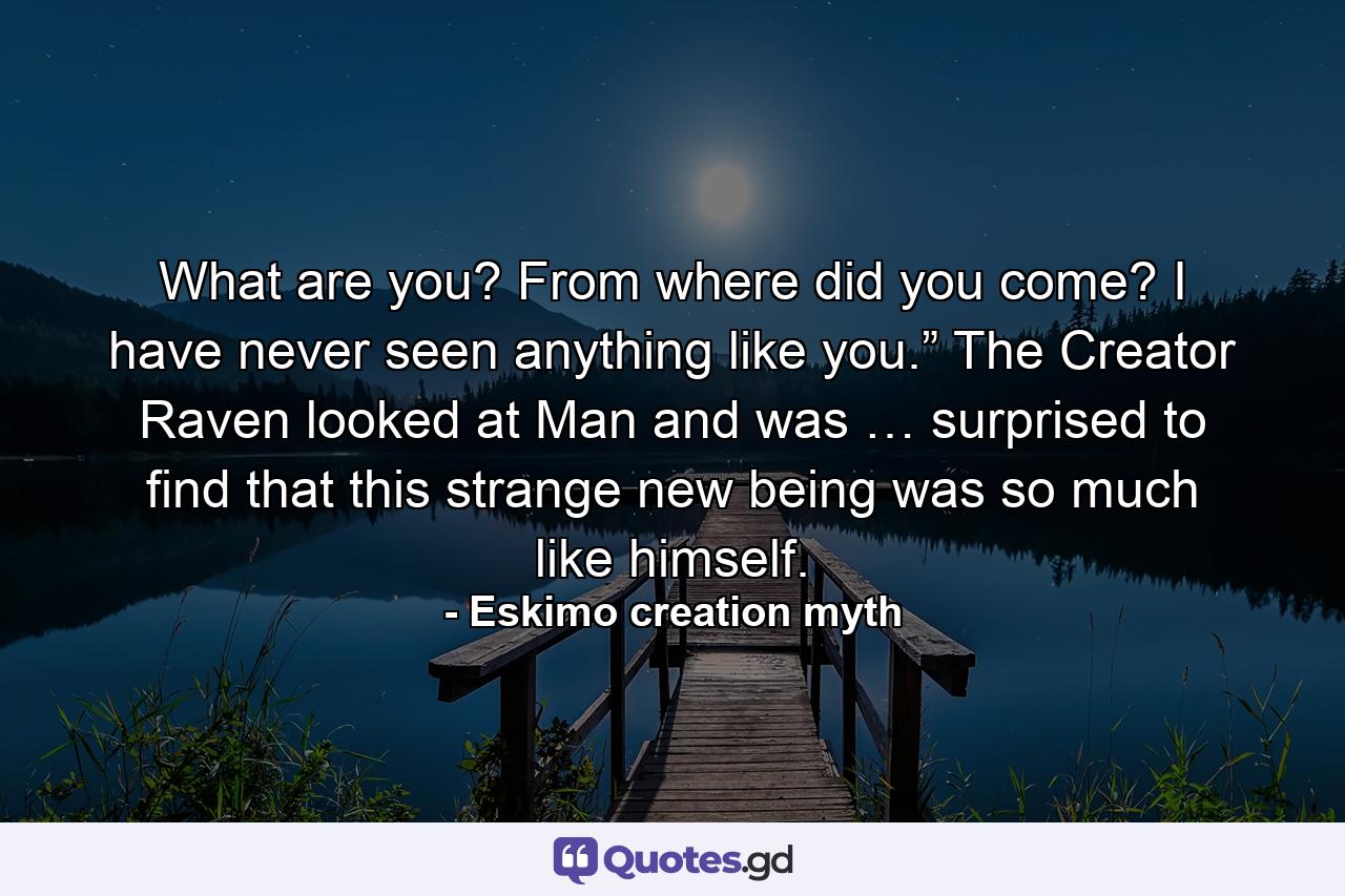 What are you? From where did you come? I have never seen anything like you.” The Creator Raven looked at Man and was  …   surprised to find that this strange new being was so much like himself. - Quote by Eskimo creation myth