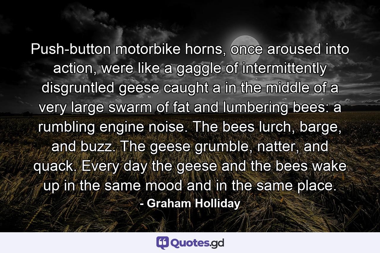 Push-button motorbike horns, once aroused into action, were like a gaggle of intermittently disgruntled geese caught a in the middle of a very large swarm of fat and lumbering bees: a rumbling engine noise. The bees lurch, barge, and buzz. The geese grumble, natter, and quack. Every day the geese and the bees wake up in the same mood and in the same place. - Quote by Graham Holliday