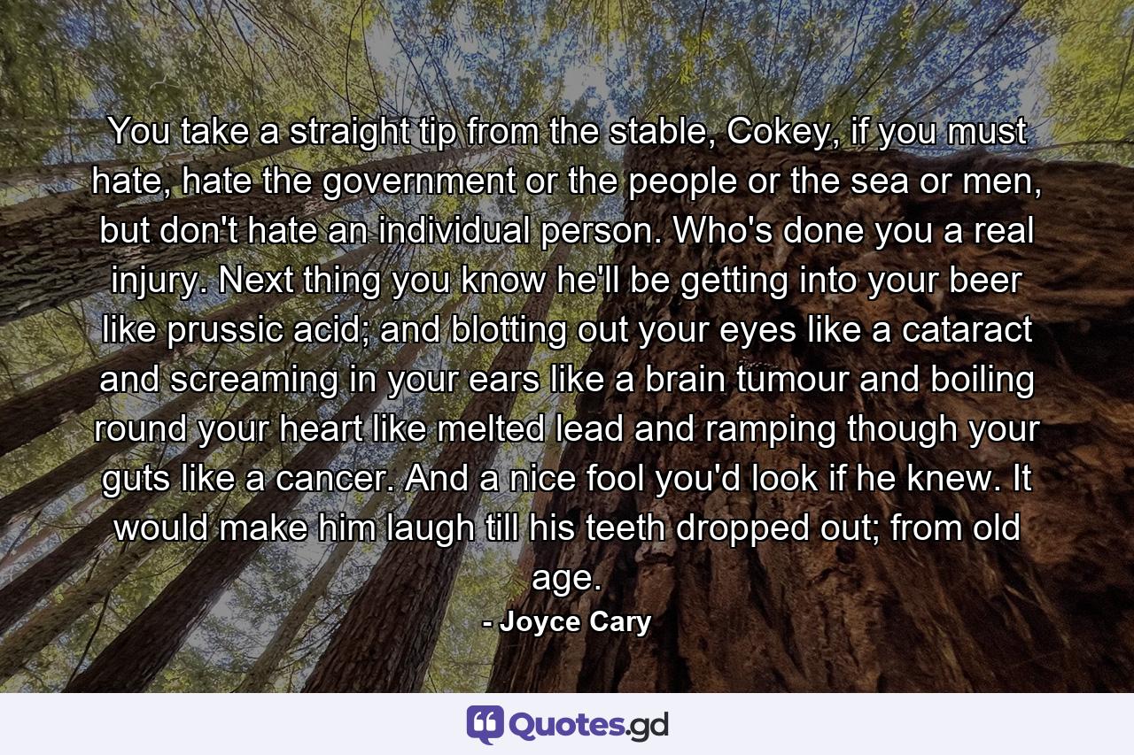 You take a straight tip from the stable, Cokey, if you must hate, hate the government or the people or the sea or men, but don't hate an individual person. Who's done you a real injury. Next thing you know he'll be getting into your beer like prussic acid; and blotting out your eyes like a cataract and screaming in your ears like a brain tumour and boiling round your heart like melted lead and ramping though your guts like a cancer. And a nice fool you'd look if he knew. It would make him laugh till his teeth dropped out; from old age. - Quote by Joyce Cary