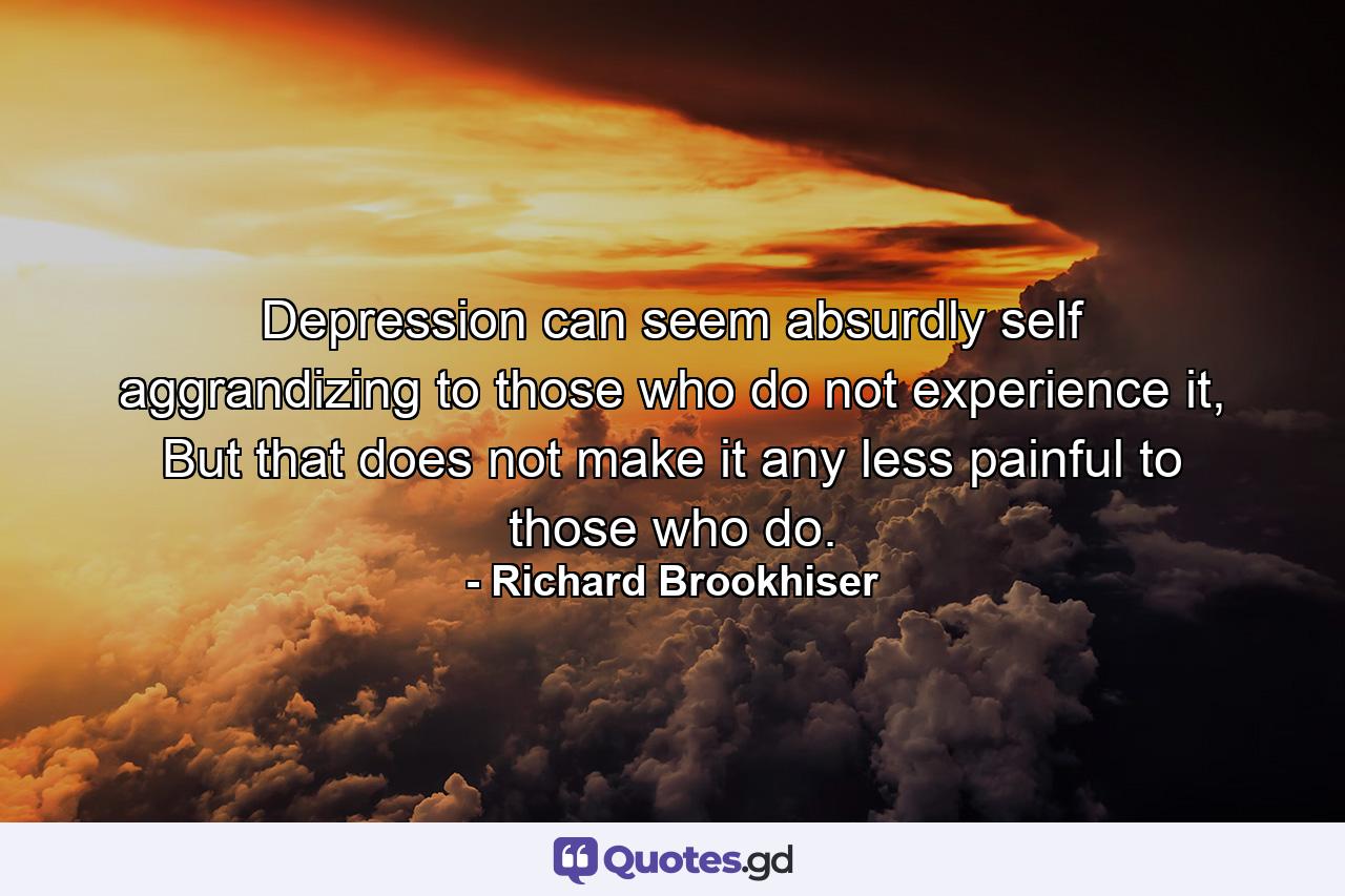 Depression can seem absurdly self aggrandizing to those who do not experience it, But that does not make it any less painful to those who do. - Quote by Richard Brookhiser