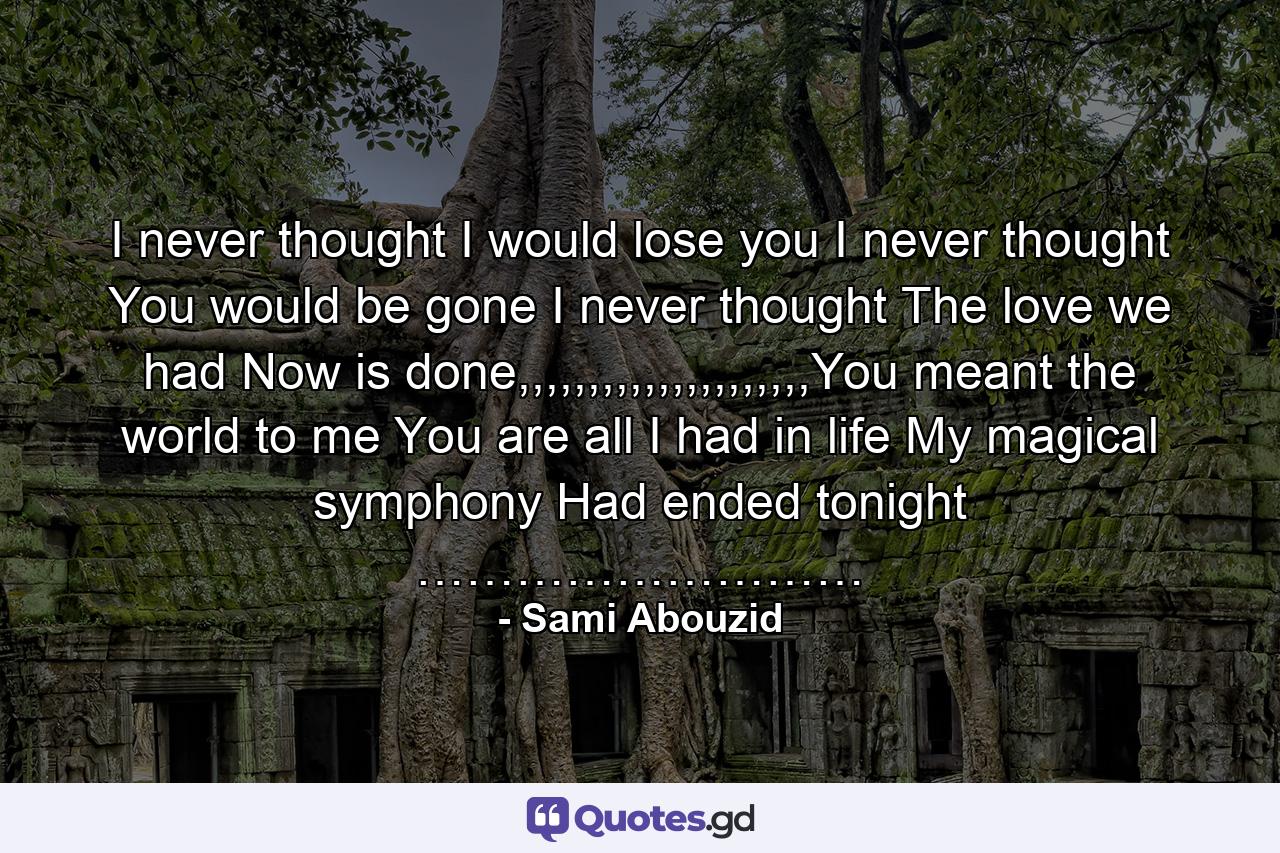 I never thought I would lose you I never thought You would be gone I never thought The love we had Now is done,,,,,,,,,,,,,,,,,,,,,You meant the world to me You are all I had in life My magical symphony Had ended tonight ……………………… - Quote by Sami Abouzid