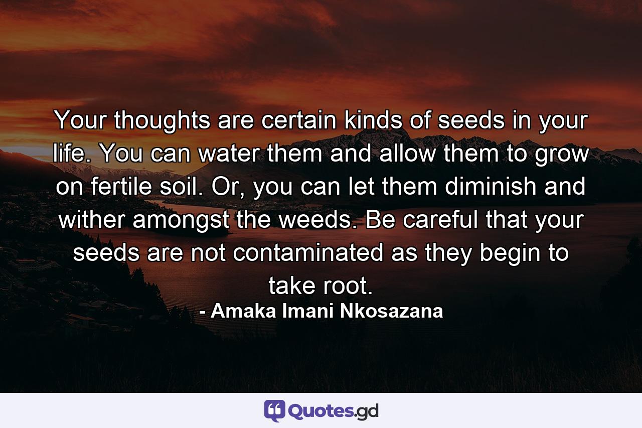 Your thoughts are certain kinds of seeds in your life. You can water them and allow them to grow on fertile soil. Or, you can let them diminish and wither amongst the weeds. Be careful that your seeds are not contaminated as they begin to take root. - Quote by Amaka Imani Nkosazana