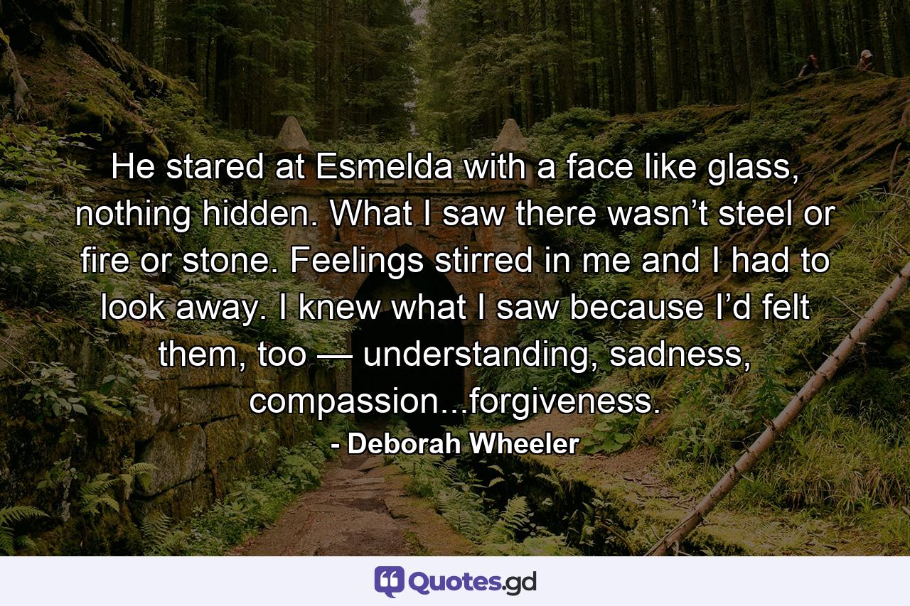 He stared at Esmelda with a face like glass, nothing hidden. What I saw there wasn’t steel or fire or stone. Feelings stirred in me and I had to look away. I knew what I saw because I’d felt them, too — understanding, sadness, compassion...forgiveness. - Quote by Deborah Wheeler