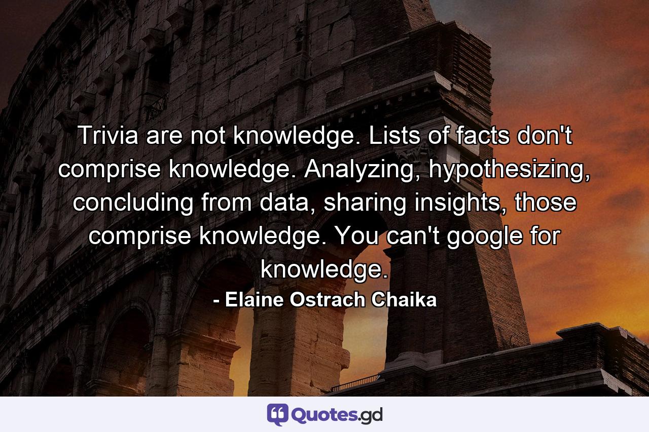 Trivia are not knowledge. Lists of facts don't comprise knowledge. Analyzing, hypothesizing, concluding from data, sharing insights, those comprise knowledge. You can't google for knowledge. - Quote by Elaine Ostrach Chaika