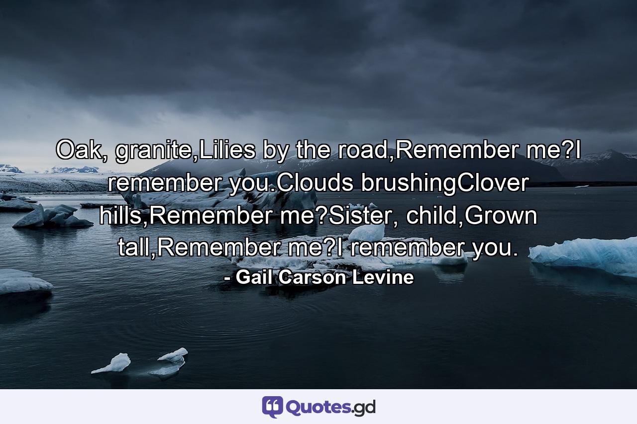 Oak, granite,Lilies by the road,Remember me?I remember you.Clouds brushingClover hills,Remember me?Sister, child,Grown tall,Remember me?I remember you. - Quote by Gail Carson Levine