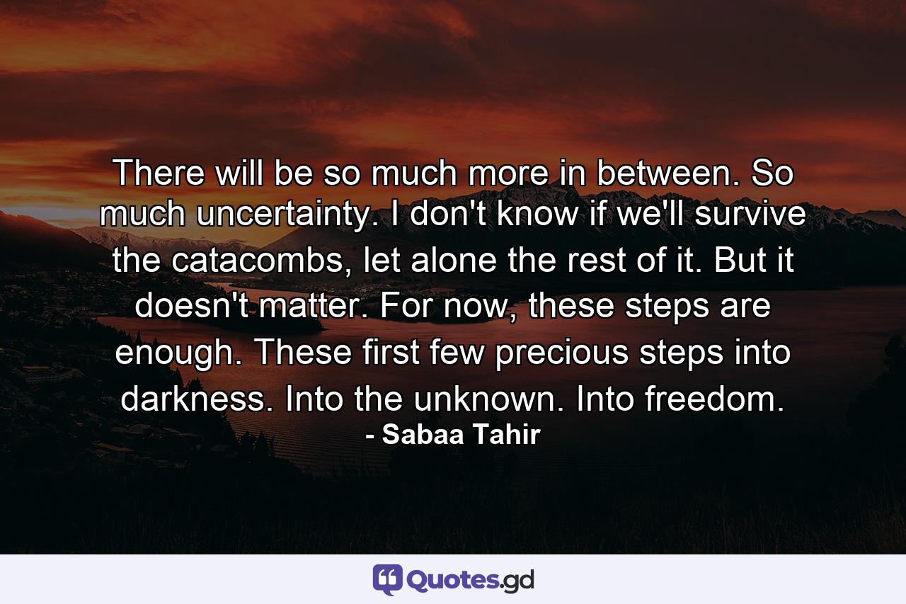 There will be so much more in between. So much uncertainty. I don't know if we'll survive the catacombs, let alone the rest of it. But it doesn't matter. For now, these steps are enough. These first few precious steps into darkness. Into the unknown. Into freedom. - Quote by Sabaa Tahir