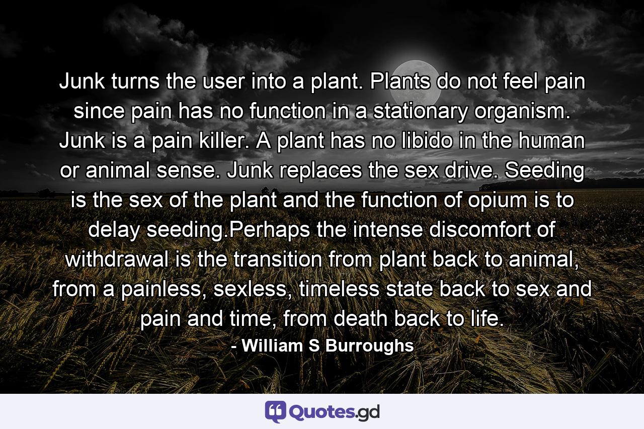 Junk turns the user into a plant. Plants do not feel pain since pain has no function in a stationary organism. Junk is a pain killer. A plant has no libido in the human or animal sense. Junk replaces the sex drive. Seeding is the sex of the plant and the function of opium is to delay seeding.Perhaps the intense discomfort of withdrawal is the transition from plant back to animal, from a painless, sexless, timeless state back to sex and pain and time, from death back to life. - Quote by William S Burroughs