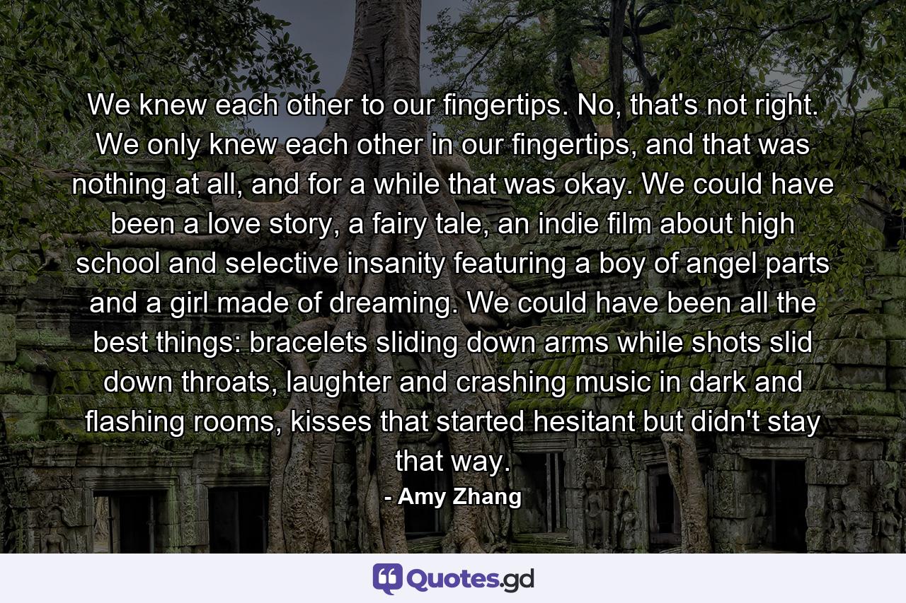 We knew each other to our fingertips. No, that's not right. We only knew each other in our fingertips, and that was nothing at all, and for a while that was okay. We could have been a love story, a fairy tale, an indie film about high school and selective insanity featuring a boy of angel parts and a girl made of dreaming. We could have been all the best things: bracelets sliding down arms while shots slid down throats, laughter and crashing music in dark and flashing rooms, kisses that started hesitant but didn't stay that way. - Quote by Amy Zhang