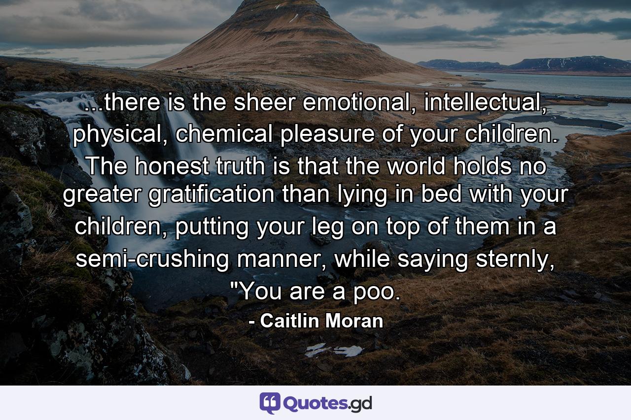 ...there is the sheer emotional, intellectual, physical, chemical pleasure of your children. The honest truth is that the world holds no greater gratification than lying in bed with your children, putting your leg on top of them in a semi-crushing manner, while saying sternly, 