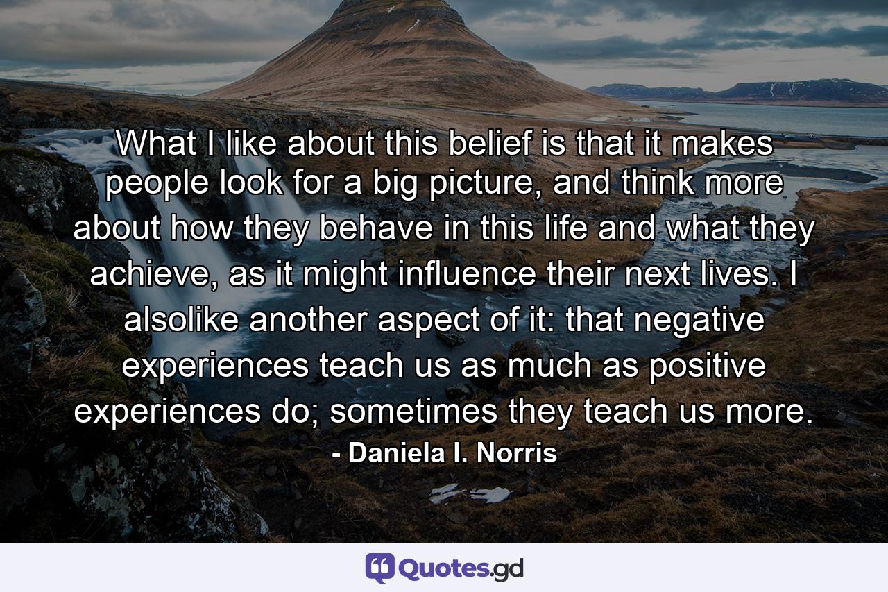 What I like about this belief is that it makes people look for a big picture, and think more about how they behave in this life and what they achieve, as it might influence their next lives. I alsolike another aspect of it: that negative experiences teach us as much as positive experiences do; sometimes they teach us more. - Quote by Daniela I. Norris