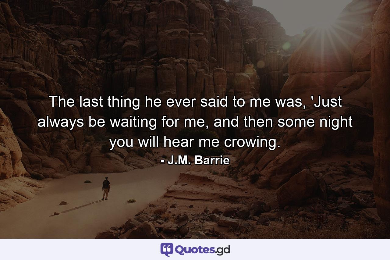 The last thing he ever said to me was, 'Just always be waiting for me, and then some night you will hear me crowing. - Quote by J.M. Barrie