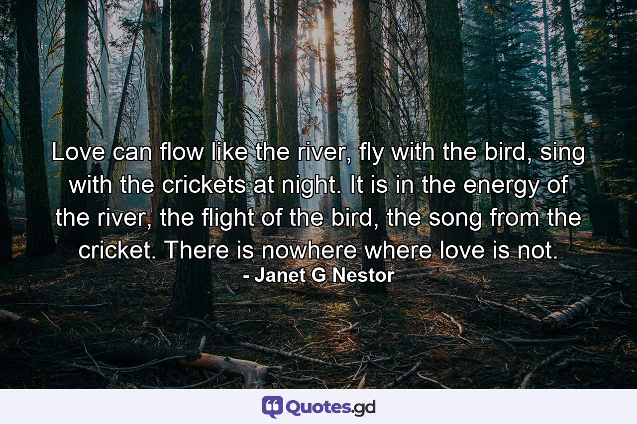 Love can flow like the river, fly with the bird, sing with the crickets at night. It is in the energy of the river, the flight of the bird, the song from the cricket. There is nowhere where love is not. - Quote by Janet G Nestor