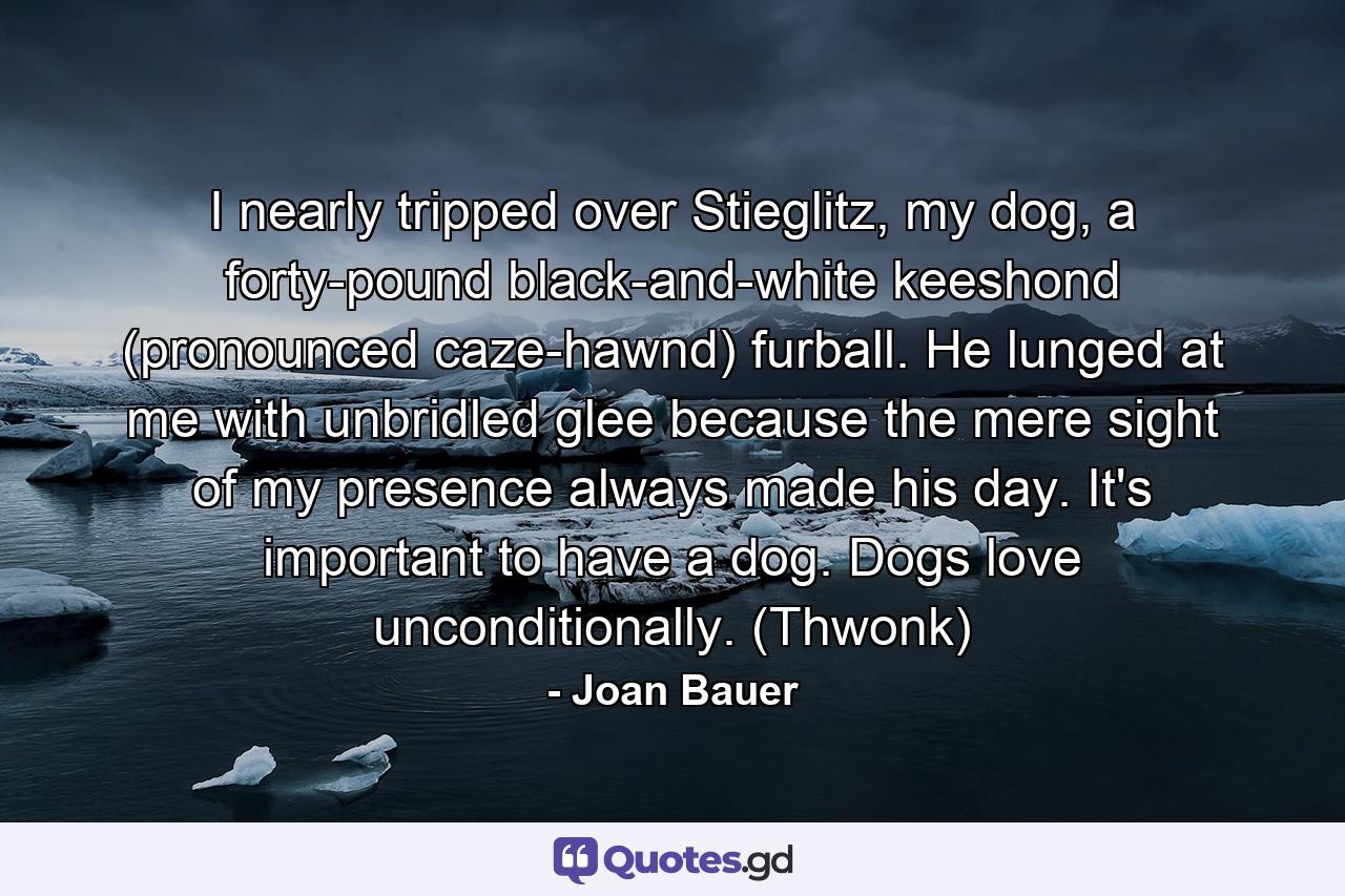 I nearly tripped over Stieglitz, my dog, a forty-pound black-and-white keeshond (pronounced caze-hawnd) furball. He lunged at me with unbridled glee because the mere sight of my presence always made his day. It's important to have a dog. Dogs love unconditionally. (Thwonk) - Quote by Joan Bauer