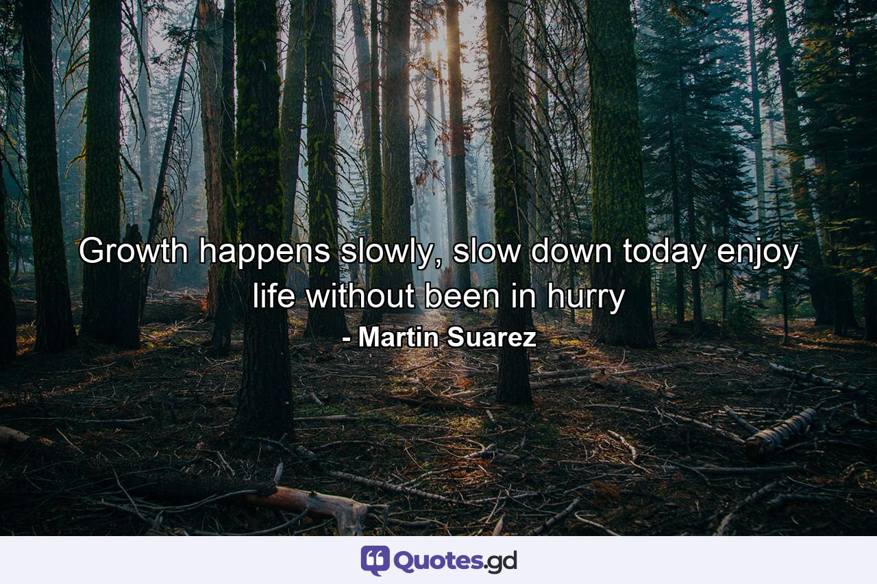 Growth happens slowly, slow down today enjoy life without been in hurry - Quote by Martin Suarez