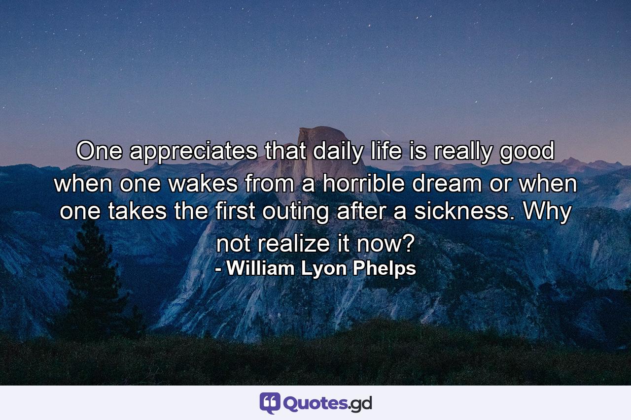 One appreciates that daily life is really good when one wakes from a horrible dream  or when one takes the first outing after a sickness. Why not realize it now? - Quote by William Lyon Phelps