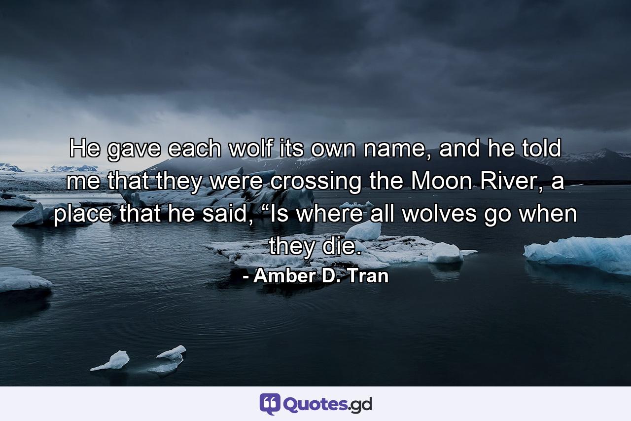 He gave each wolf its own name, and he told me that they were crossing the Moon River, a place that he said, “Is where all wolves go when they die. - Quote by Amber D. Tran