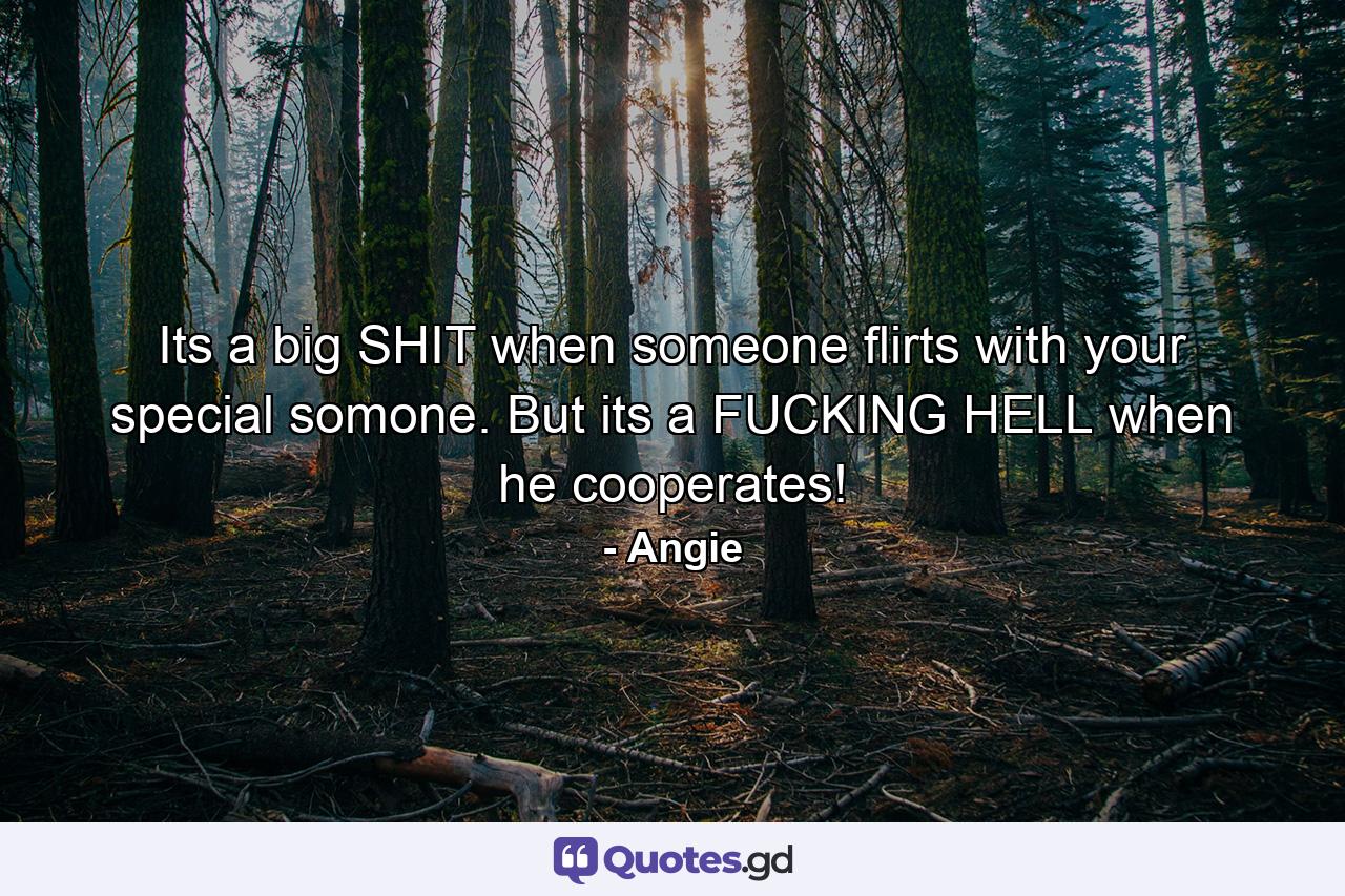 Its a big SHIT when someone flirts with your special somone. But its a FUCKING HELL when he cooperates! - Quote by Angie