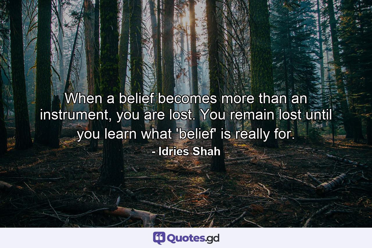 When a belief becomes more than an instrument, you are lost. You remain lost until you learn what 'belief' is really for. - Quote by Idries Shah