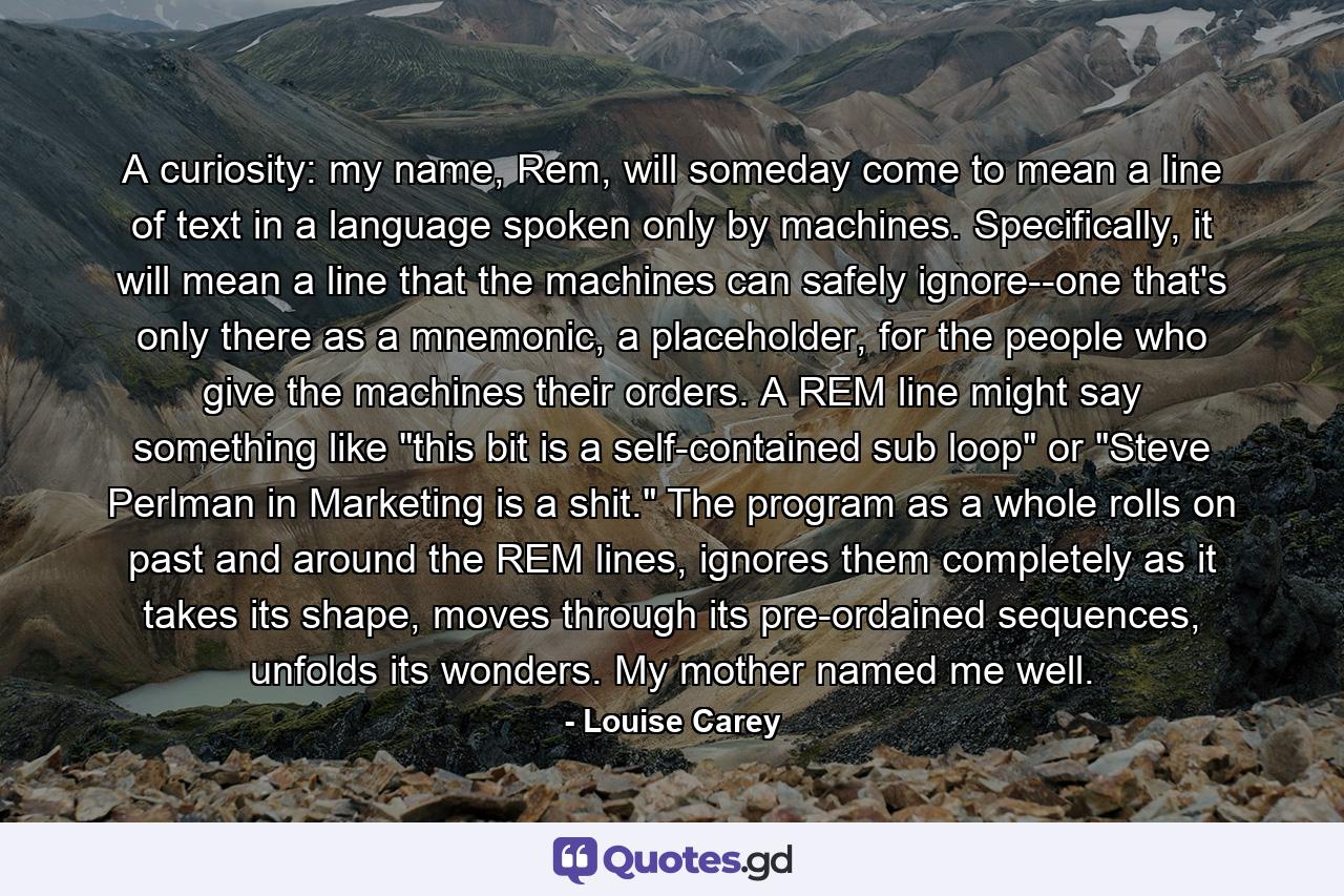 A curiosity: my name, Rem, will someday come to mean a line of text in a language spoken only by machines. Specifically, it will mean a line that the machines can safely ignore--one that's only there as a mnemonic, a placeholder, for the people who give the machines their orders. A REM line might say something like 