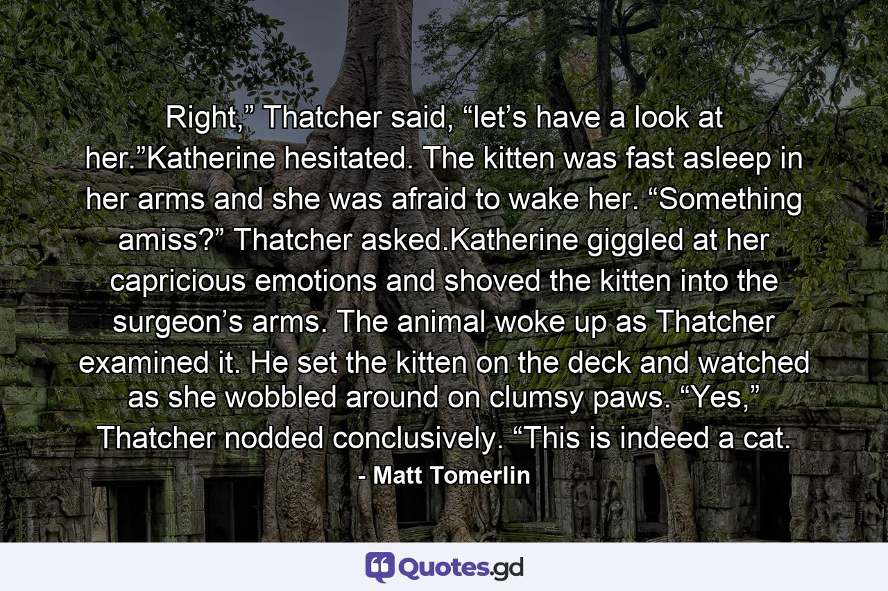 Right,” Thatcher said, “let’s have a look at her.”Katherine hesitated. The kitten was fast asleep in her arms and she was afraid to wake her. “Something amiss?” Thatcher asked.Katherine giggled at her capricious emotions and shoved the kitten into the surgeon’s arms. The animal woke up as Thatcher examined it. He set the kitten on the deck and watched as she wobbled around on clumsy paws. “Yes,” Thatcher nodded conclusively. “This is indeed a cat. - Quote by Matt Tomerlin