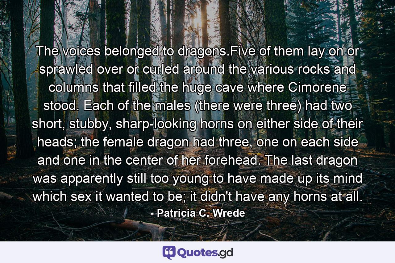 The voices belonged to dragons.Five of them lay on or sprawled over or curled around the various rocks and columns that filled the huge cave where Cimorene stood. Each of the males (there were three) had two short, stubby, sharp-looking horns on either side of their heads; the female dragon had three, one on each side and one in the center of her forehead. The last dragon was apparently still too young to have made up its mind which sex it wanted to be; it didn't have any horns at all. - Quote by Patricia C. Wrede