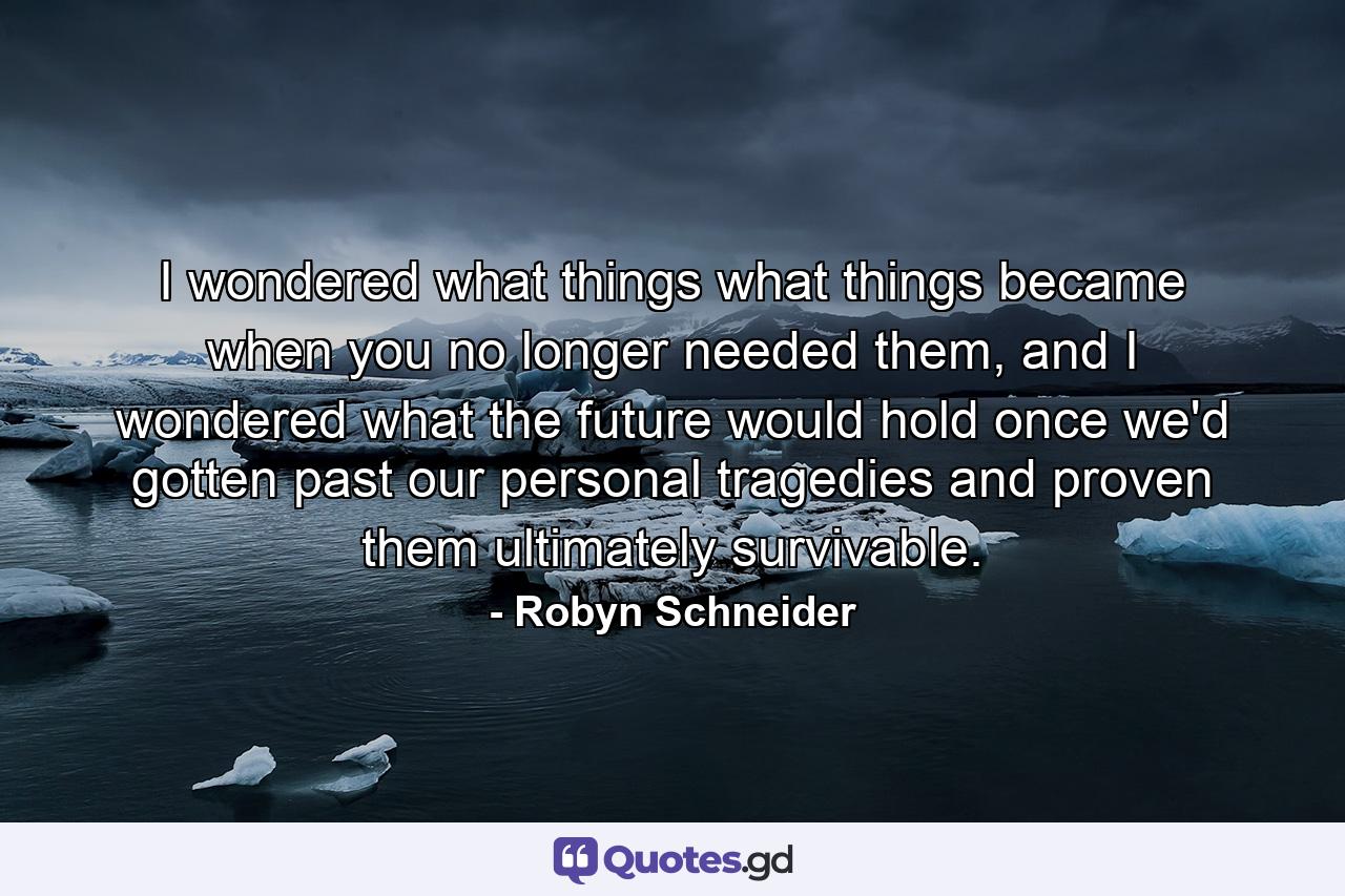 I wondered what things what things became when you no longer needed them, and I wondered what the future would hold once we'd gotten past our personal tragedies and proven them ultimately survivable. - Quote by Robyn Schneider