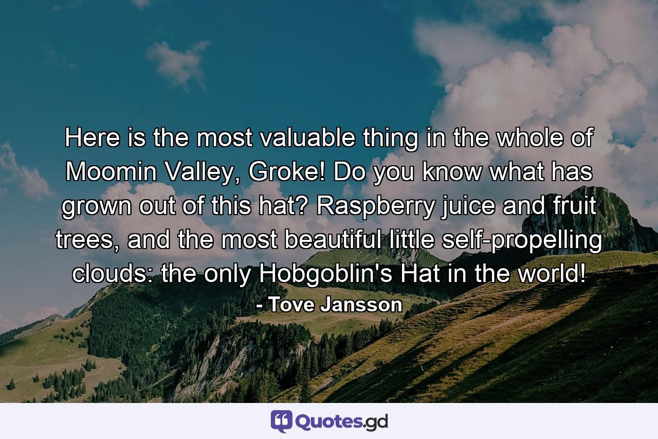 Here is the most valuable thing in the whole of Moomin Valley, Groke! Do you know what has grown out of this hat? Raspberry juice and fruit trees, and the most beautiful little self-propelling clouds: the only Hobgoblin's Hat in the world! - Quote by Tove Jansson