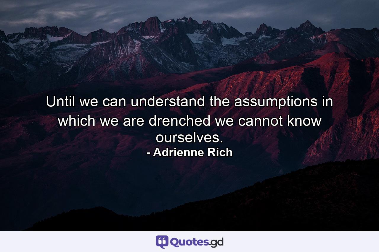 Until we can understand the assumptions in which we are drenched we cannot know ourselves. - Quote by Adrienne Rich