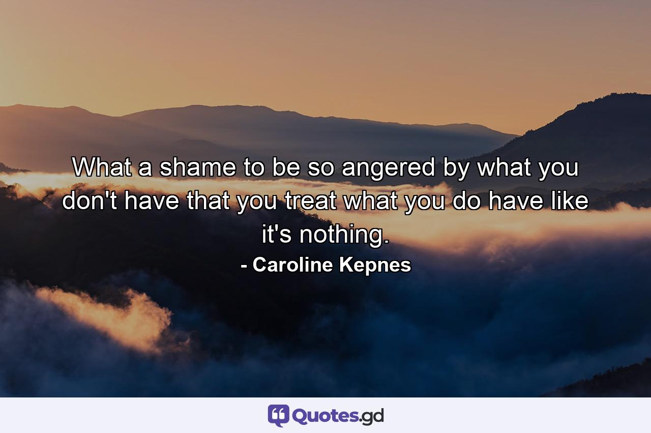 What a shame to be so angered by what you don't have that you treat what you do have like it's nothing. - Quote by Caroline Kepnes