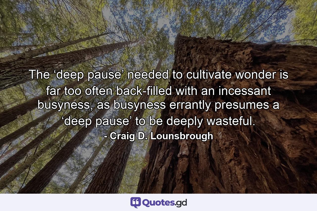 The ‘deep pause’ needed to cultivate wonder is far too often back-filled with an incessant busyness, as busyness errantly presumes a ‘deep pause’ to be deeply wasteful. - Quote by Craig D. Lounsbrough