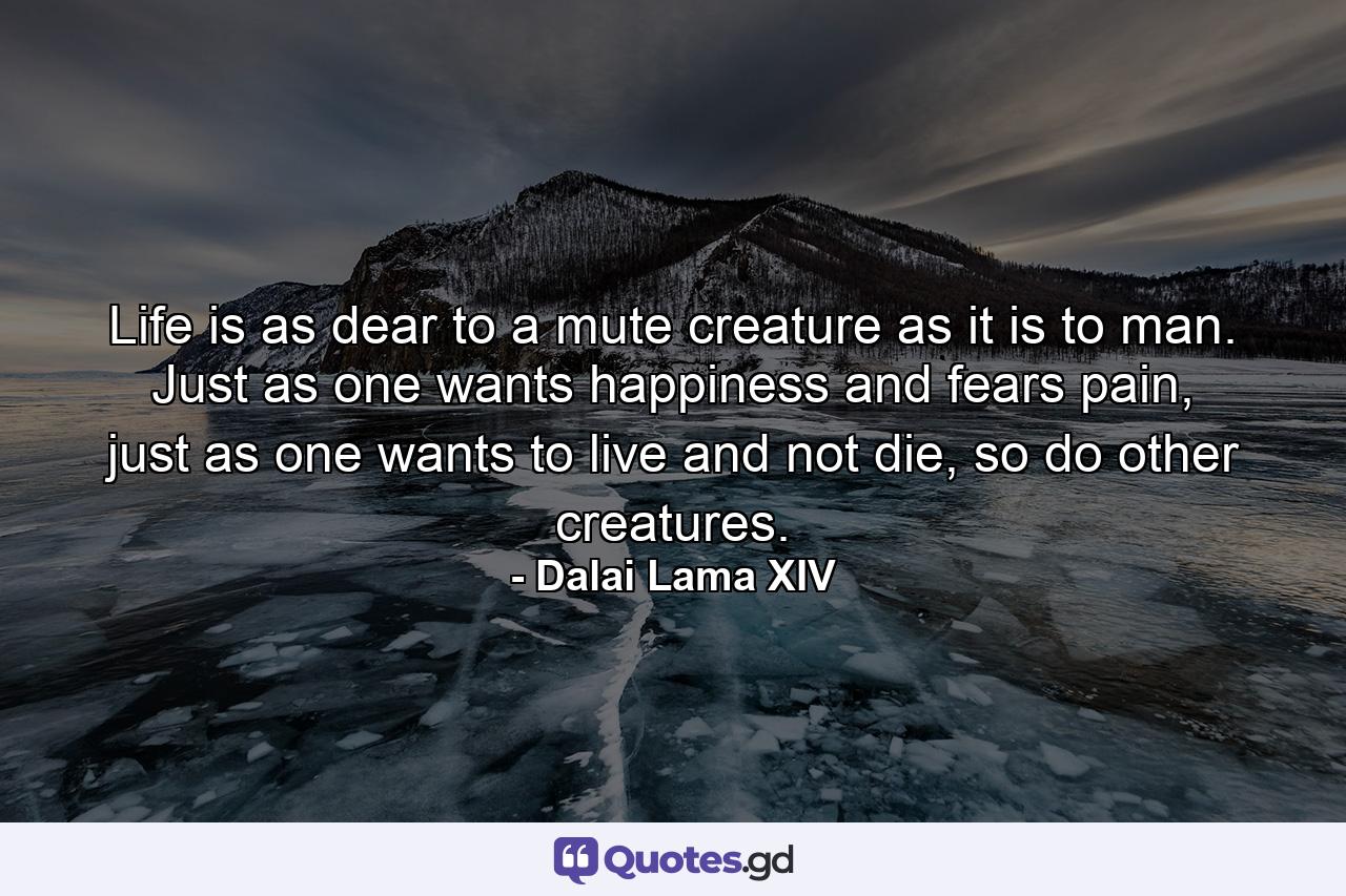 Life is as dear to a mute creature as it is to man. Just as one wants happiness and fears pain, just as one wants to live and not die, so do other creatures. - Quote by Dalai Lama XIV