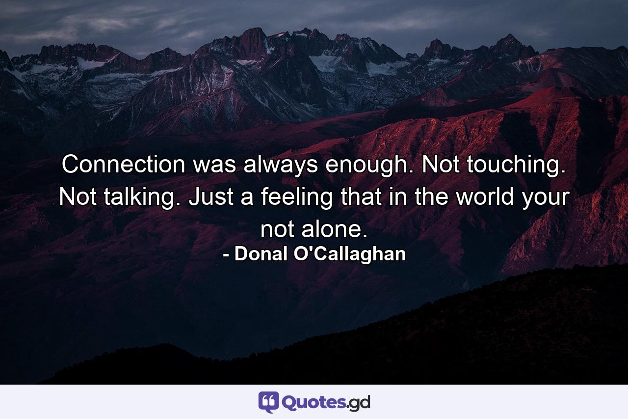 Connection was always enough. Not touching. Not talking. Just a feeling that in the world your not alone. - Quote by Donal O'Callaghan