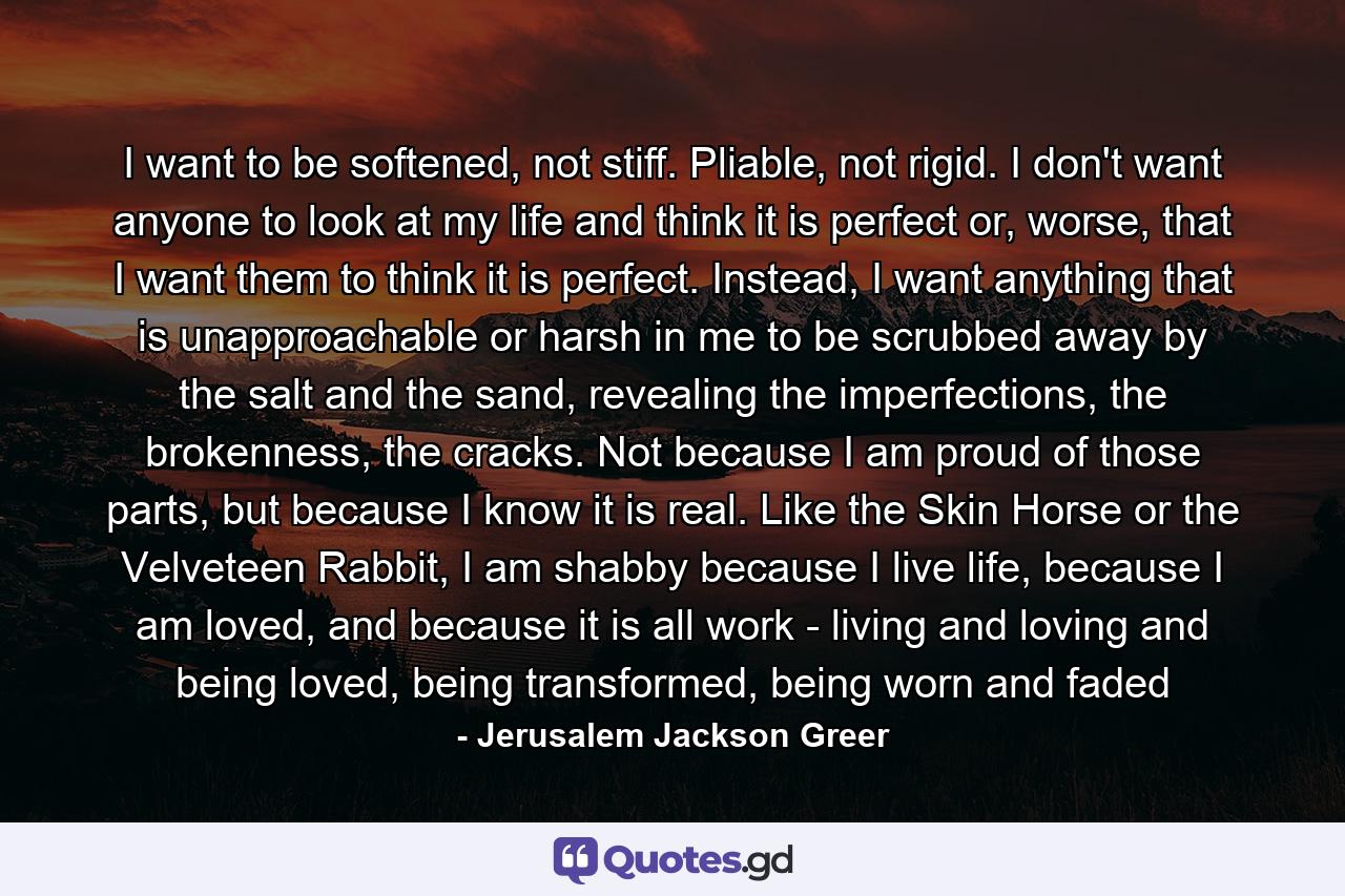 I want to be softened, not stiff. Pliable, not rigid. I don't want anyone to look at my life and think it is perfect or, worse, that I want them to think it is perfect. Instead, I want anything that is unapproachable or harsh in me to be scrubbed away by the salt and the sand, revealing the imperfections, the brokenness, the cracks. Not because I am proud of those parts, but because I know it is real. Like the Skin Horse or the Velveteen Rabbit, I am shabby because I live life, because I am loved, and because it is all work - living and loving and being loved, being transformed, being worn and faded - Quote by Jerusalem Jackson Greer