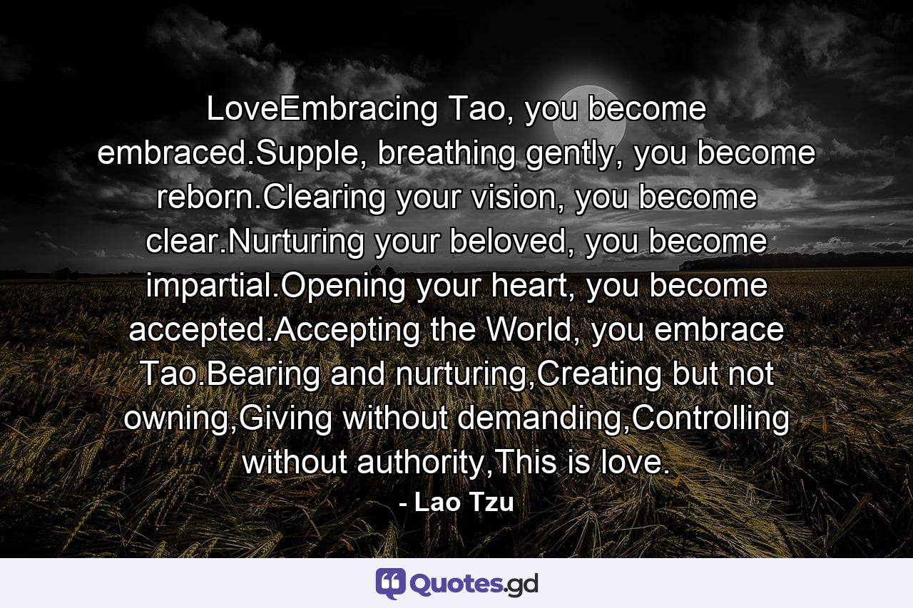 LoveEmbracing Tao, you become embraced.Supple, breathing gently, you become reborn.Clearing your vision, you become clear.Nurturing your beloved, you become impartial.Opening your heart, you become accepted.Accepting the World, you embrace Tao.Bearing and nurturing,Creating but not owning,Giving without demanding,Controlling without authority,This is love. - Quote by Lao Tzu