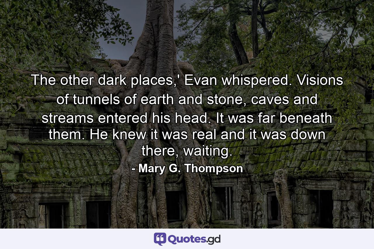 The other dark places,' Evan whispered. Visions of tunnels of earth and stone, caves and streams entered his head. It was far beneath them. He knew it was real and it was down there, waiting. - Quote by Mary G. Thompson