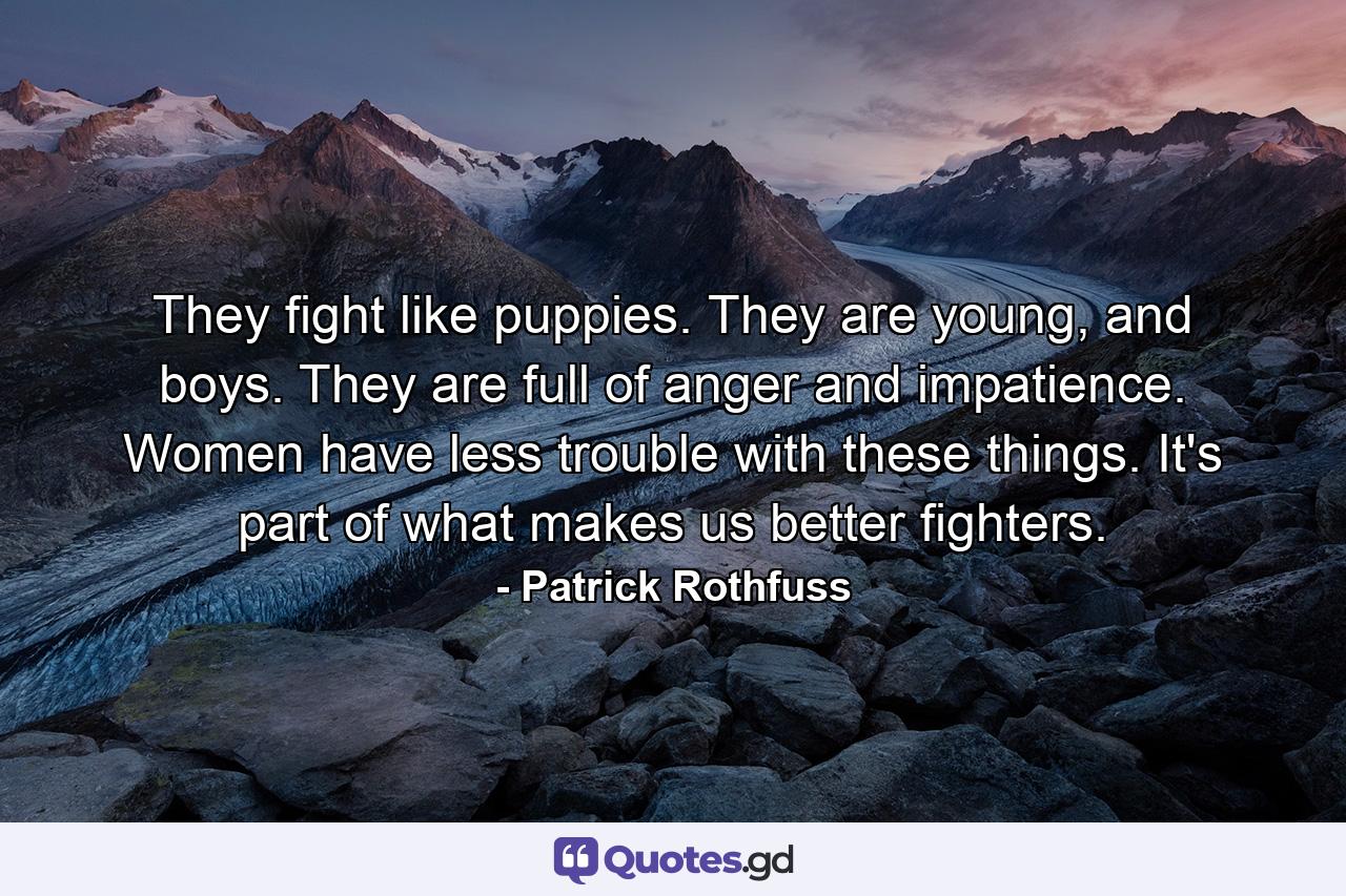 They fight like puppies. They are young, and boys. They are full of anger and impatience. Women have less trouble with these things. It's part of what makes us better fighters. - Quote by Patrick Rothfuss