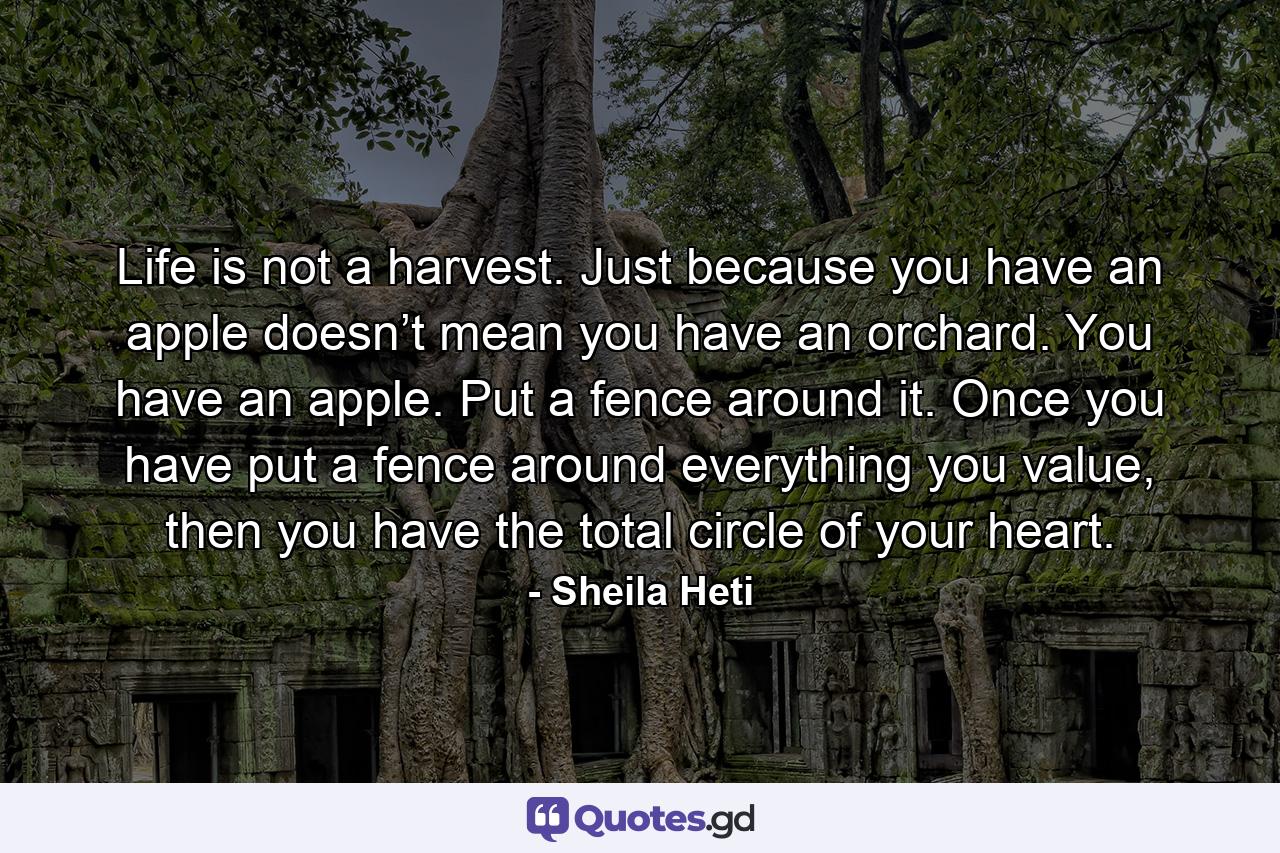 Life is not a harvest. Just because you have an apple doesn’t mean you have an orchard. You have an apple. Put a fence around it. Once you have put a fence around everything you value, then you have the total circle of your heart. - Quote by Sheila Heti