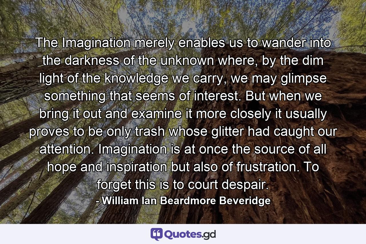 The Imagination merely enables us to wander into the darkness of the unknown where, by the dim light of the knowledge we carry, we may glimpse something that seems of interest. But when we bring it out and examine it more closely it usually proves to be only trash whose glitter had caught our attention. Imagination is at once the source of all hope and inspiration but also of frustration. To forget this is to court despair. - Quote by William Ian Beardmore Beveridge