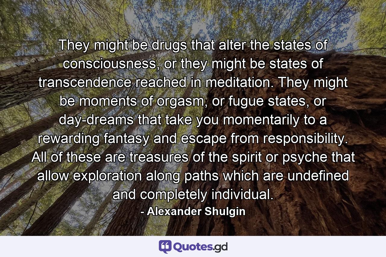 They might be drugs that alter the states of consciousness, or they might be states of transcendence reached in meditation. They might be moments of orgasm, or fugue states, or day-dreams that take you momentarily to a rewarding fantasy and escape from responsibility. All of these are treasures of the spirit or psyche that allow exploration along paths which are undefined and completely individual. - Quote by Alexander Shulgin