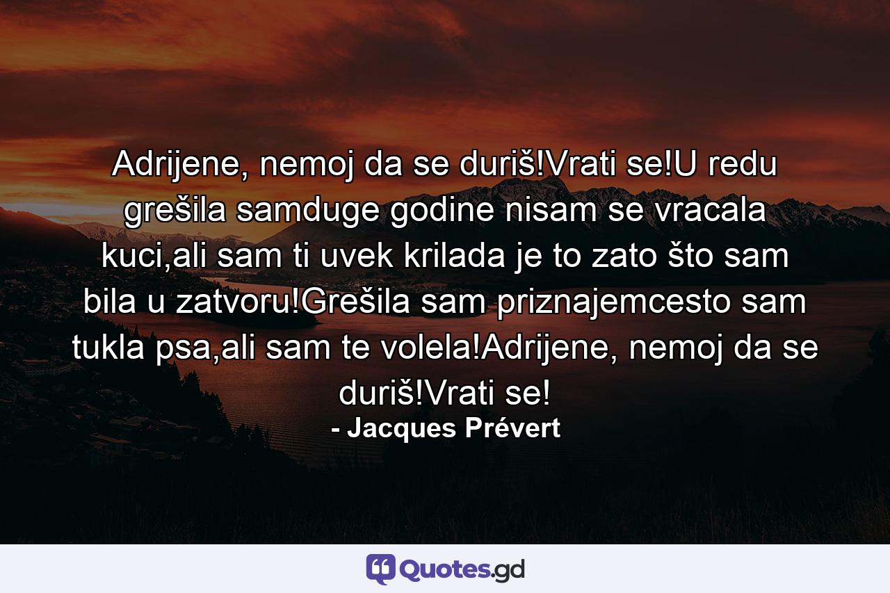 Adrijene, nemoj da se duriš!Vrati se!U redu grešila samduge godine nisam se vracala kuci,ali sam ti uvek krilada je to zato što sam bila u zatvoru!Grešila sam priznajemcesto sam tukla psa,ali sam te volela!Adrijene, nemoj da se duriš!Vrati se! - Quote by Jacques Prévert