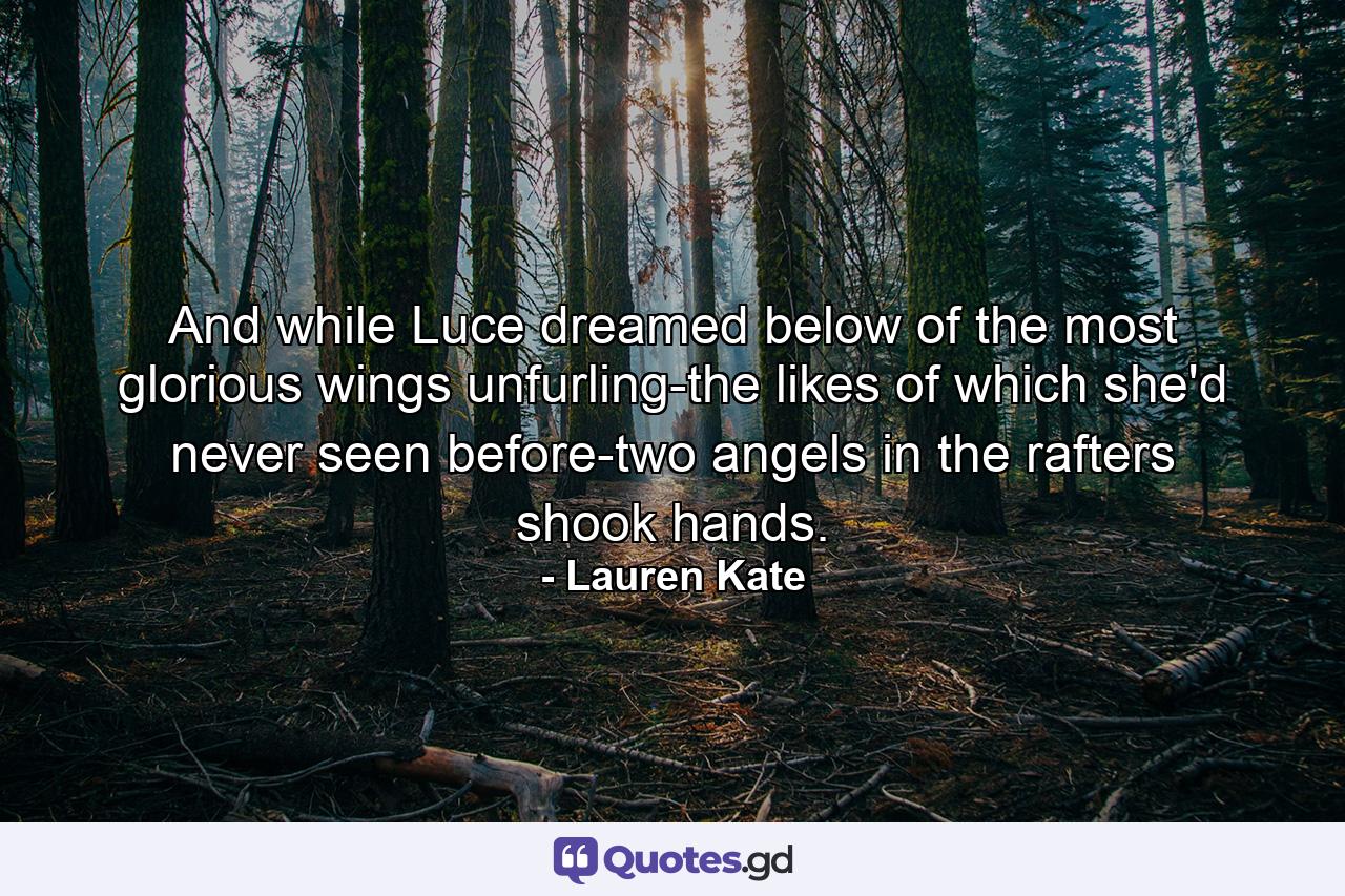 And while Luce dreamed below of the most glorious wings unfurling-the likes of which she'd never seen before-two angels in the rafters shook hands. - Quote by Lauren Kate