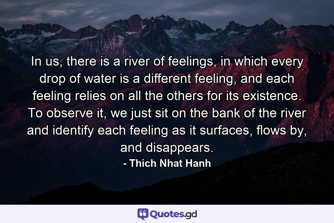 In us, there is a river of feelings, in which every drop of water is a different feeling, and each feeling relies on all the others for its existence. To observe it, we just sit on the bank of the river and identify each feeling as it surfaces, flows by, and disappears. - Quote by Thich Nhat Hanh