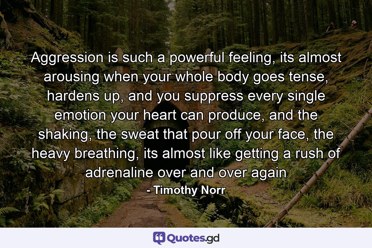 Aggression is such a powerful feeling, its almost arousing when your whole body goes tense, hardens up, and you suppress every single emotion your heart can produce, and the shaking, the sweat that pour off your face, the heavy breathing, its almost like getting a rush of adrenaline over and over again - Quote by Timothy Norr