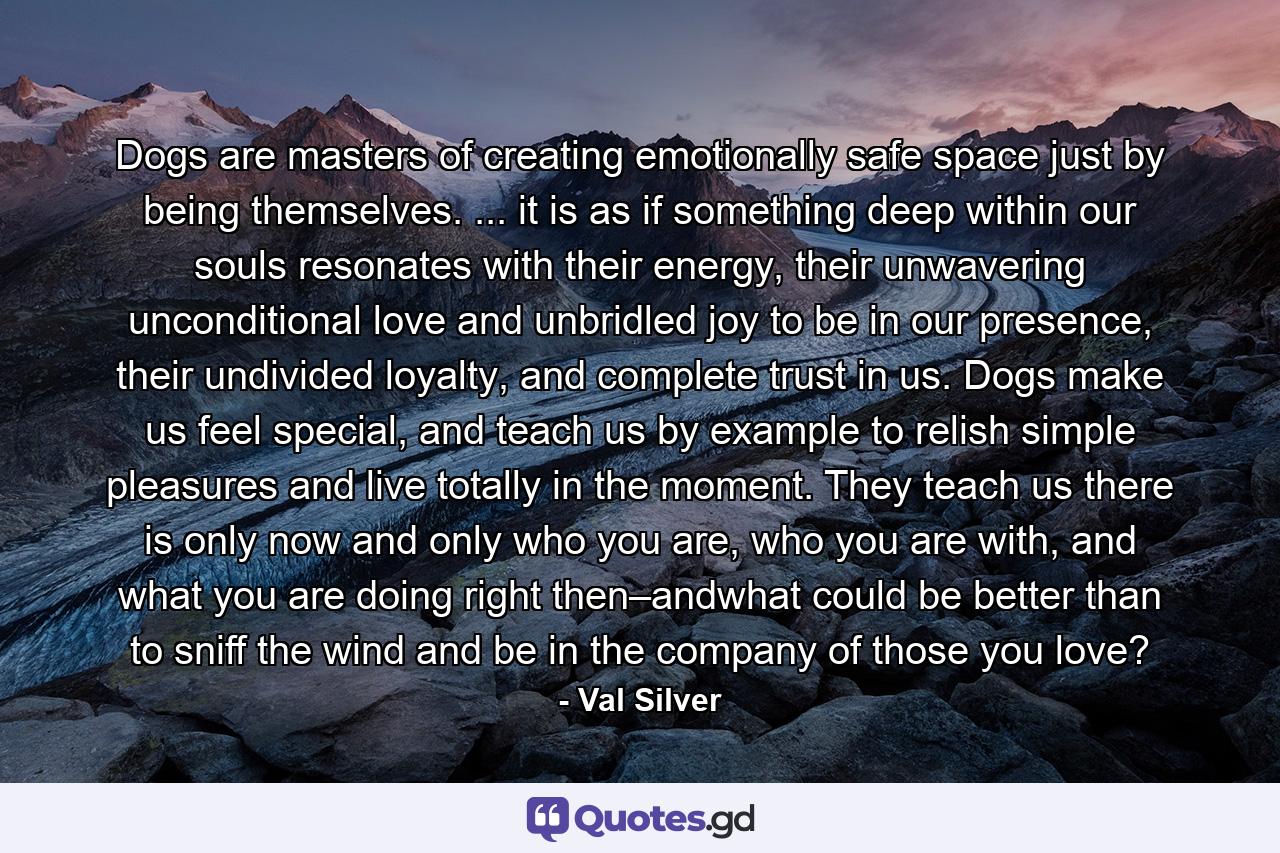 Dogs are masters of creating emotionally safe space just by being themselves. ... it is as if something deep within our souls resonates with their energy, their unwavering unconditional love and unbridled joy to be in our presence, their undivided loyalty, and complete trust in us. Dogs make us feel special, and teach us by example to relish simple pleasures and live totally in the moment. They teach us there is only now and only who you are, who you are with, and what you are doing right then–andwhat could be better than to sniff the wind and be in the company of those you love? - Quote by Val Silver