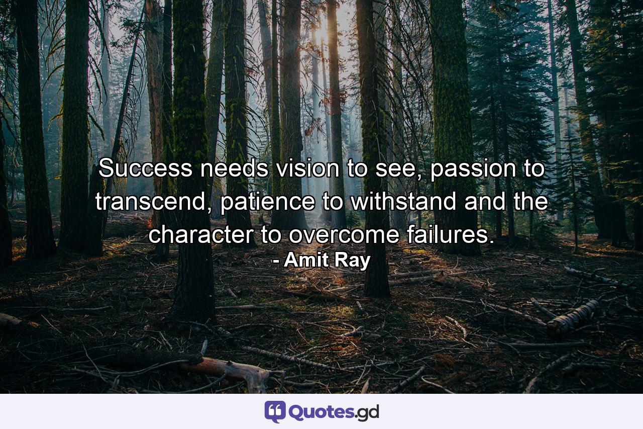 Success needs vision to see, passion to transcend, patience to withstand and the character to overcome failures. - Quote by Amit Ray