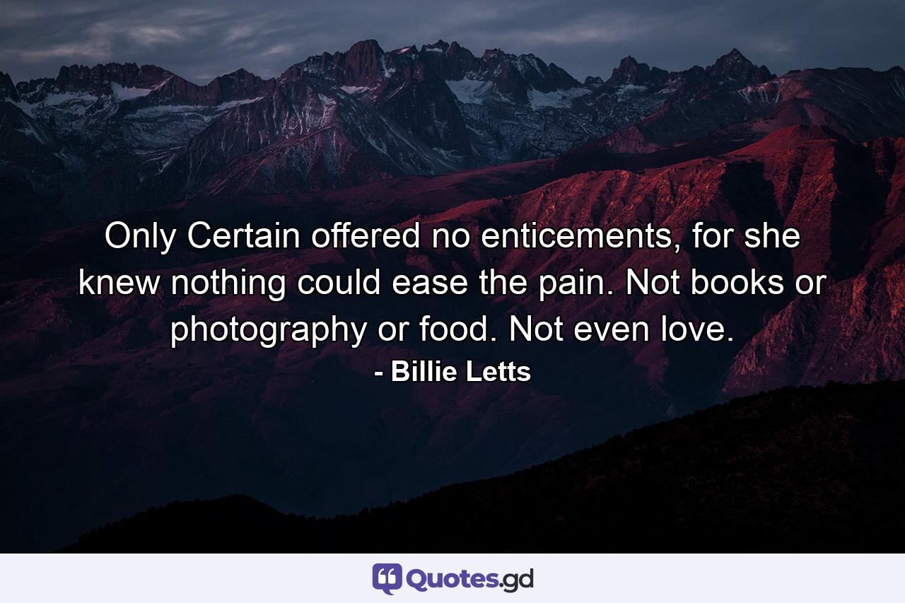 Only Certain offered no enticements, for she knew nothing could ease the pain. Not books or photography or food. Not even love. - Quote by Billie Letts